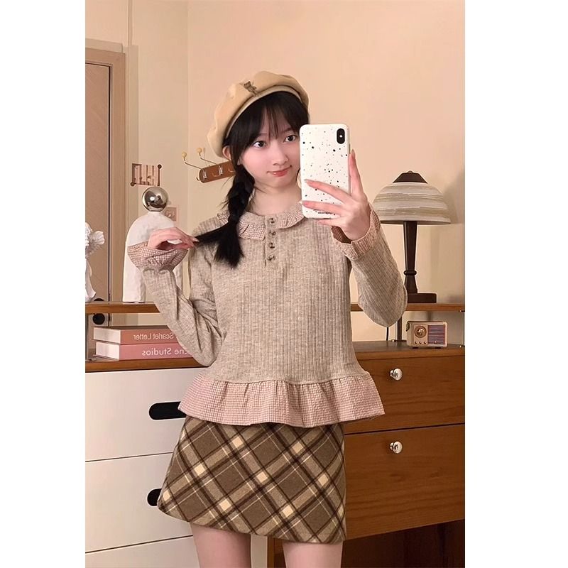 韓版紐扣格紋娃娃領長袖T恤女風木耳邊拼接假兩件上衣