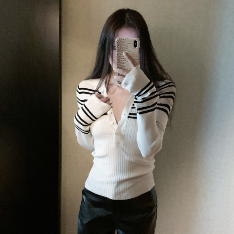 Polo collar striped design knitted base shirt for women in spring new slim and fashionable temperament inner v-neck top