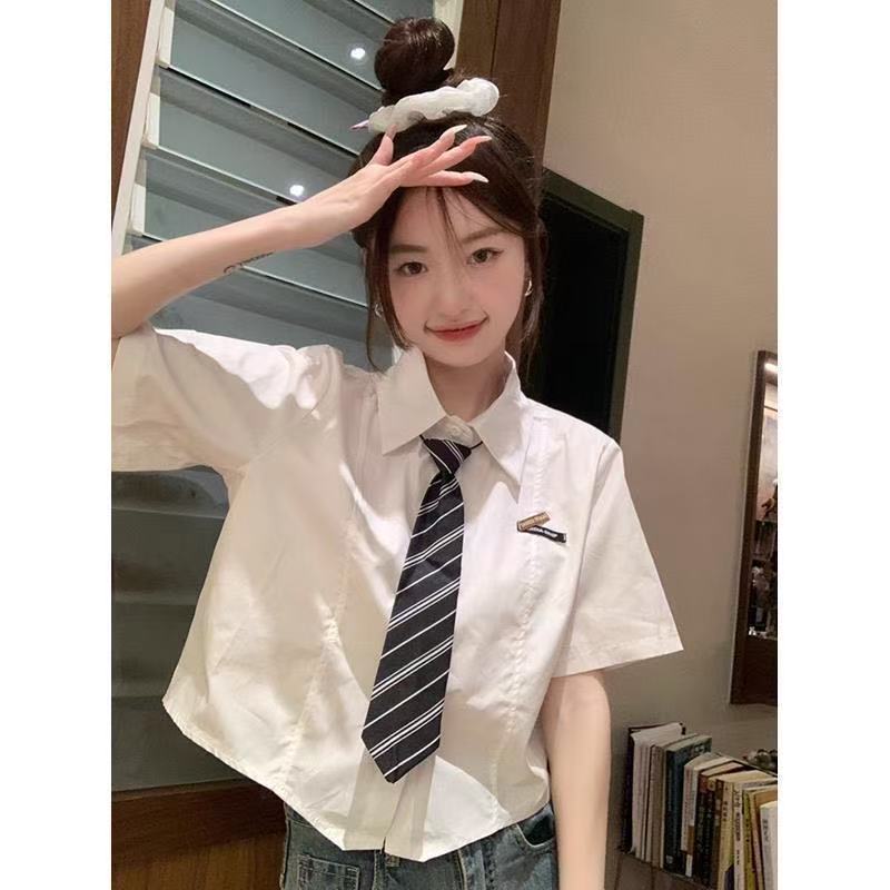 College style short polo collar jk shirt with pleated skirt for women summer blue short-sleeved shirt small top
