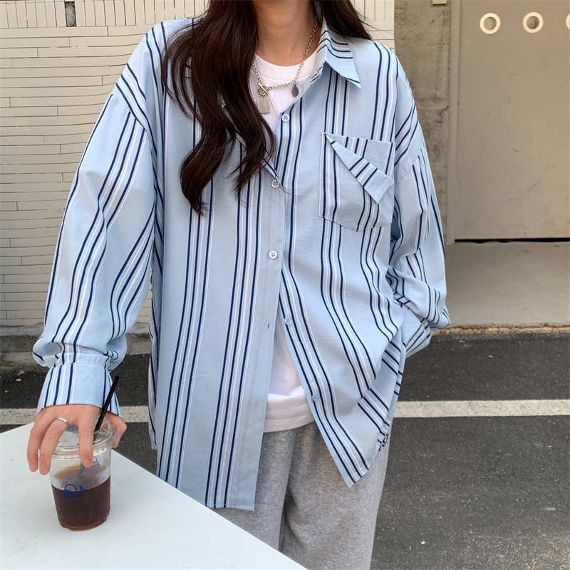 實拍 美式復古條紋襯衫女春季新款寬鬆慵懶長袖襯衣外套上衣