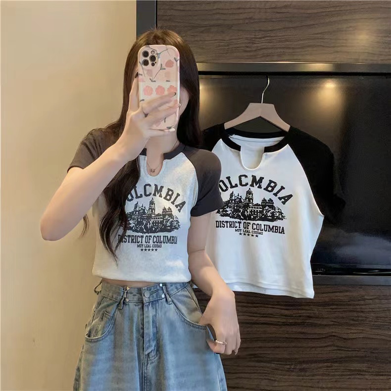 Real shot of pure cotton rib design niche short-sleeved T-shirt for women