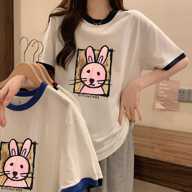 Real shot of 200g pure cotton, new Korean style, loose contrasting color cartoon printed short-sleeved T-shirt for women