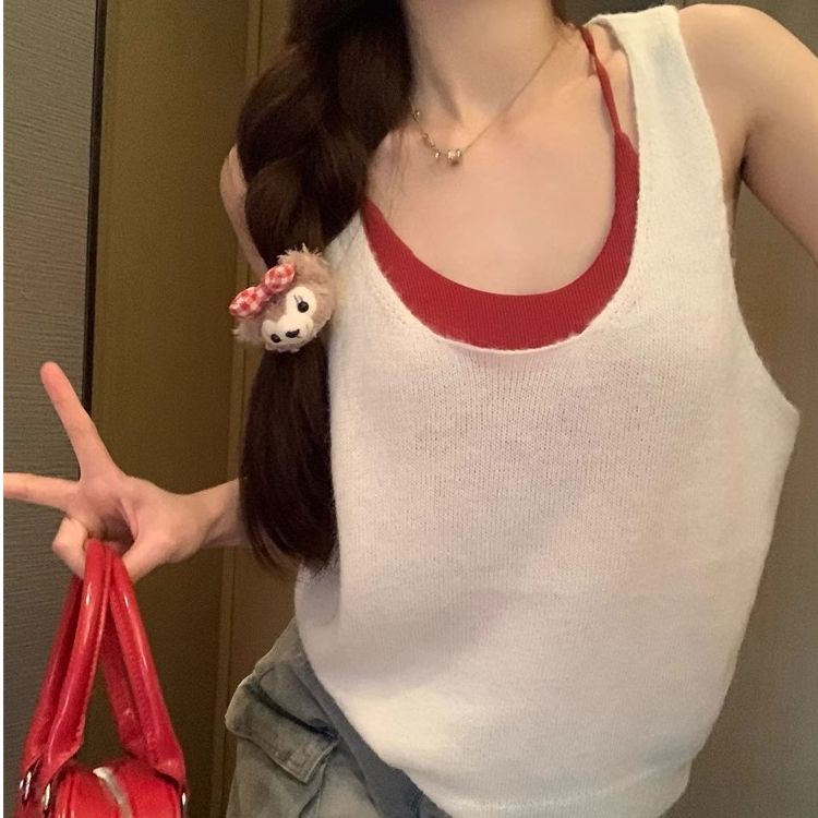 純色吊帶背心疊穿寬鬆針織馬甲背心女夏季設計感別致無袖上衣ins