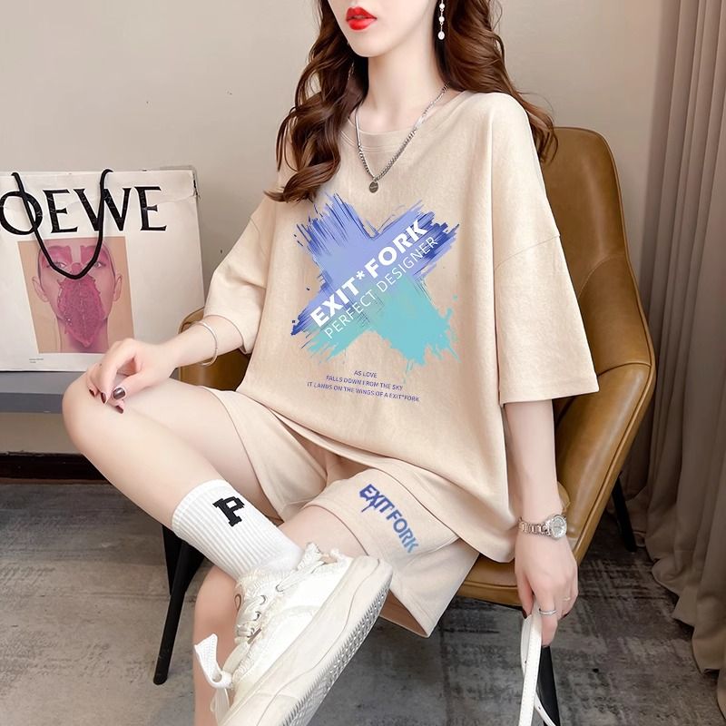 Real photos and smooth cotton casual sportswear suits for summer new style student shorts T-shirts large size two-piece set women's fashion