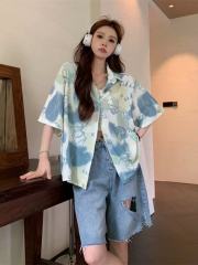 Hong Kong style floral short-sleeved shirt for women in summer design niche thin POLO collar shirt chic French top trendy