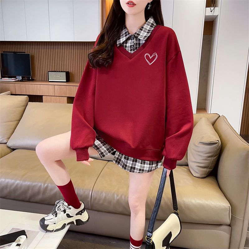 Real shot of plaid polo neck fake two-piece sweatshirt for women's new spring and autumn fashionable age-reducing loose design top