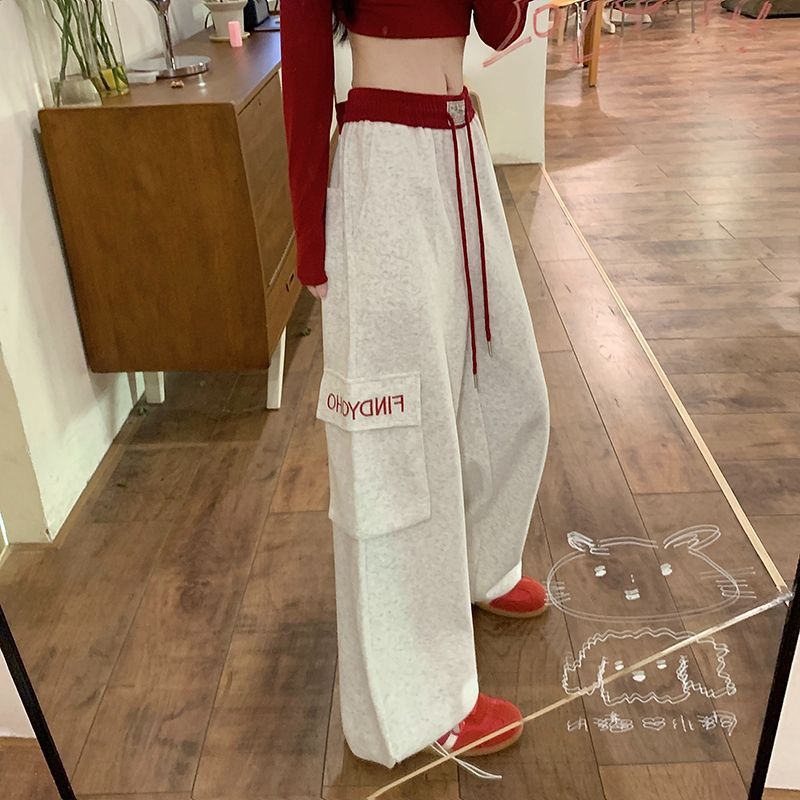 Real shot American spliced ​​embroidered sports casual trousers women's spring and autumn pocket loose straight wide-leg work pants