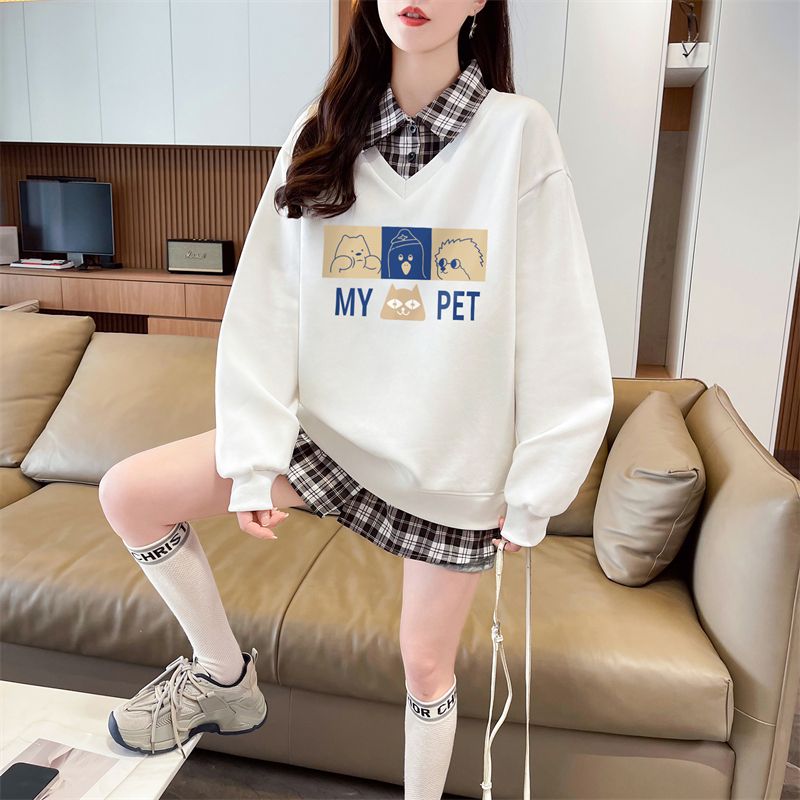 Real shot of plaid polo neck fake two-piece sweatshirt for women's new spring and autumn fashionable age-reducing loose design top