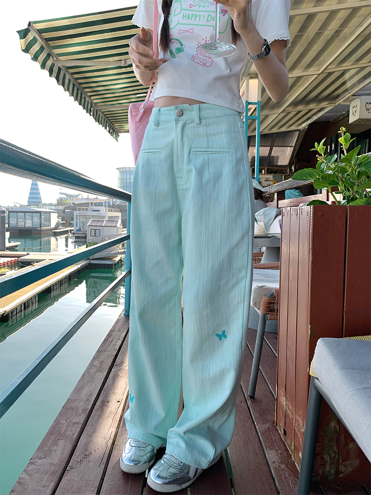 韓國chic2025早春新款蝴蝶刺繡復古條紋直筒休閒褲女