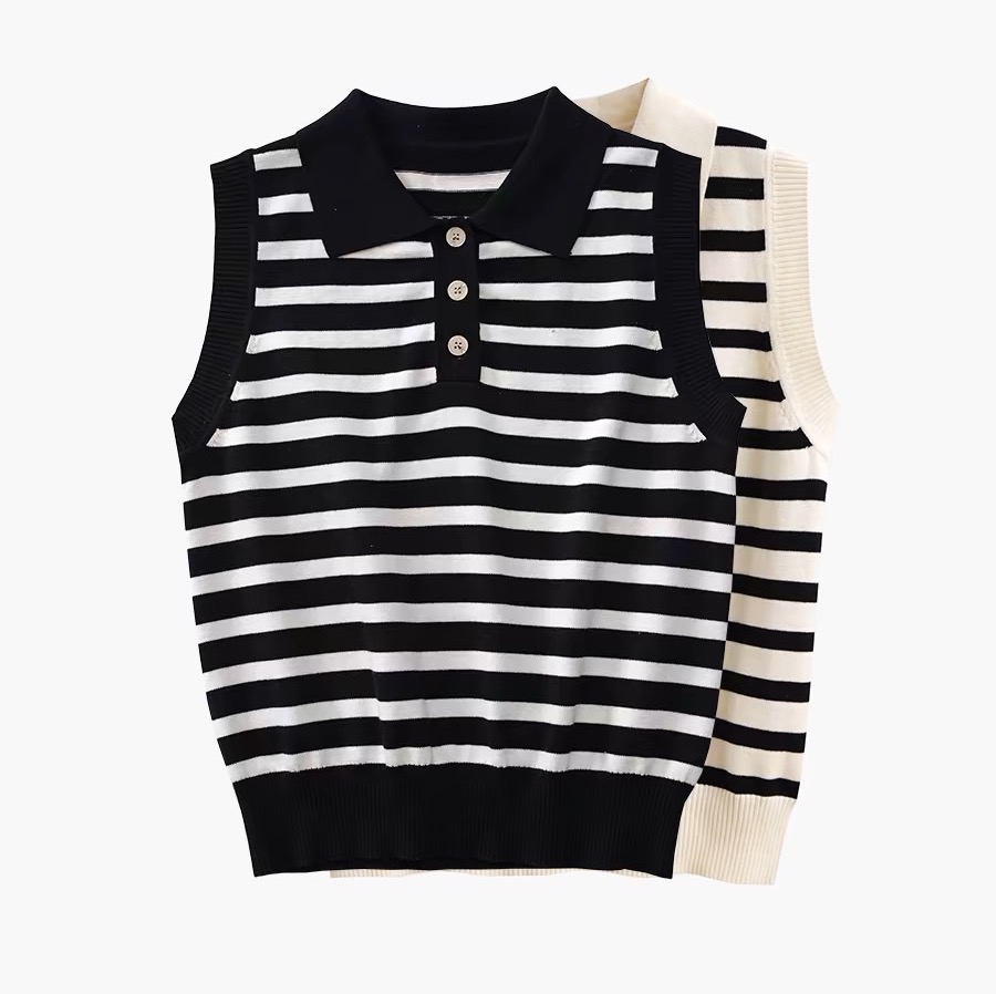 Lapel design striped sweater vest women lapel knitted vest knitted sweater sleeveless thin style