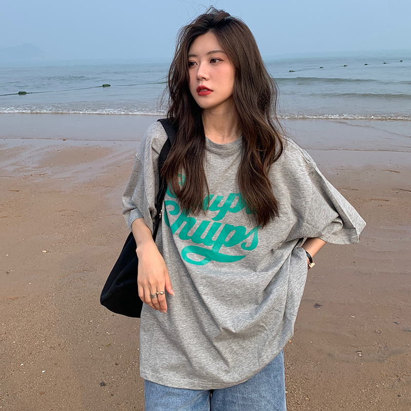 #Real shot 6535 pull-up cotton American letter printing loose large size medium long short-sleeved T-shirt for women