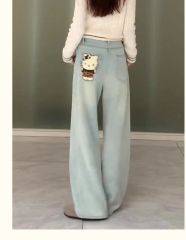 韓國chic韓系貼布提花高腰寬鬆顯瘦直筒牛仔褲窄版闊腿休閒牛仔褲