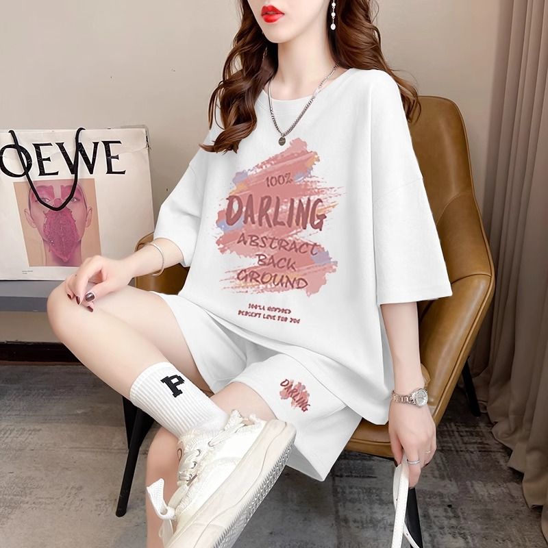 Real photos and smooth cotton casual sportswear suits for summer new style student shorts T-shirts large size two-piece set women's fashion