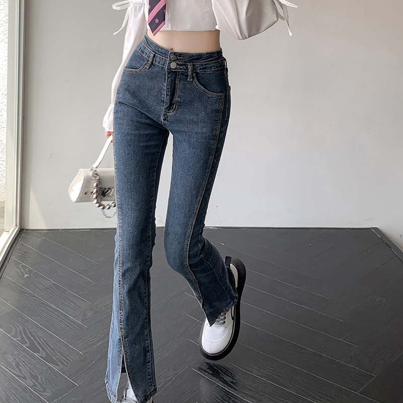 Real photo of 2025 summer new retro jeans for women with high waist slim fit and elastic slit and flared pants