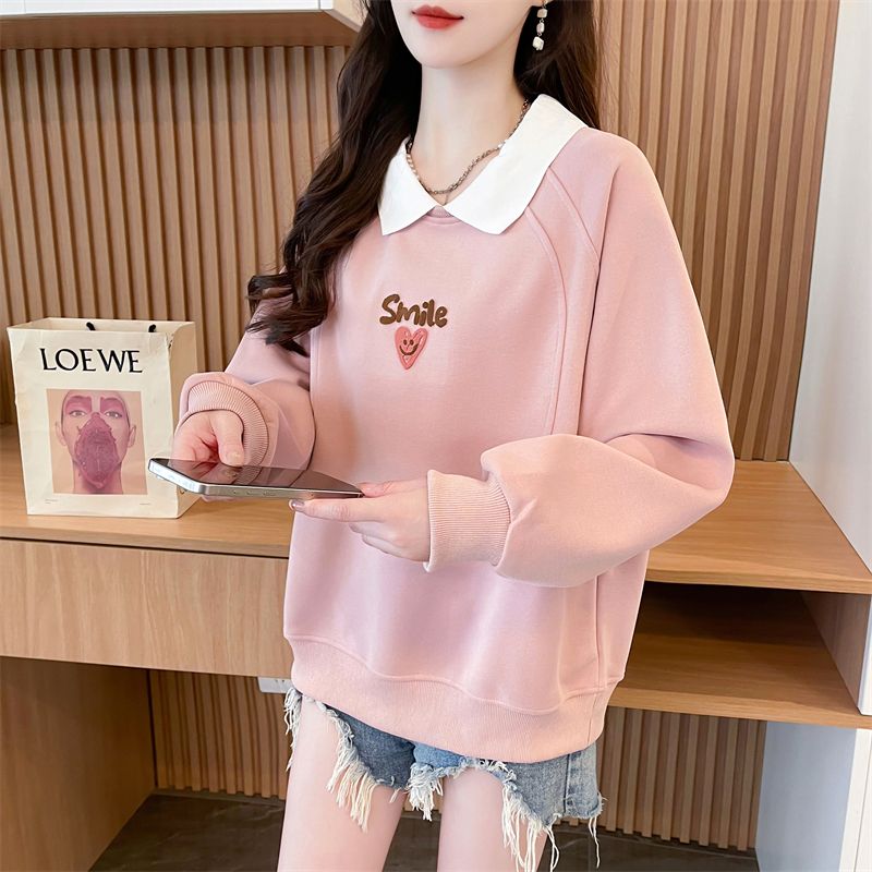 Real photos of Hua Cotton Spring and Autumn Thin Polo Collar Sweatshirt for women new early autumn fashionable age-reducing loose design top
