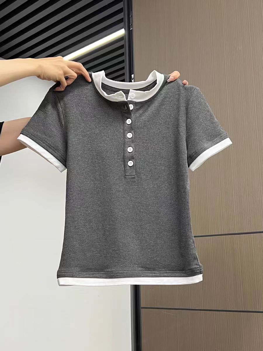 韓國chic純棉美式辣妹撞色拼接假兩件短袖t恤女夏季修身顯瘦上衣