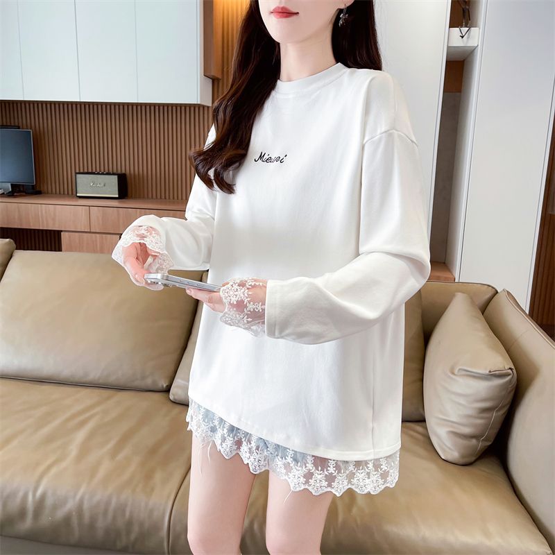 Real photos of German velvet lace splicing fake two-piece cartoon long-sleeved T-shirt for women's spring and autumn new loose top