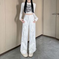 Real shot~Retro high street double waist strap design straight jeans for women's new high-waist casual pants