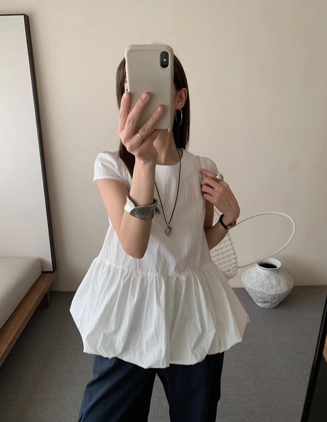 上新！韓系赫本風花苞短袖小衫