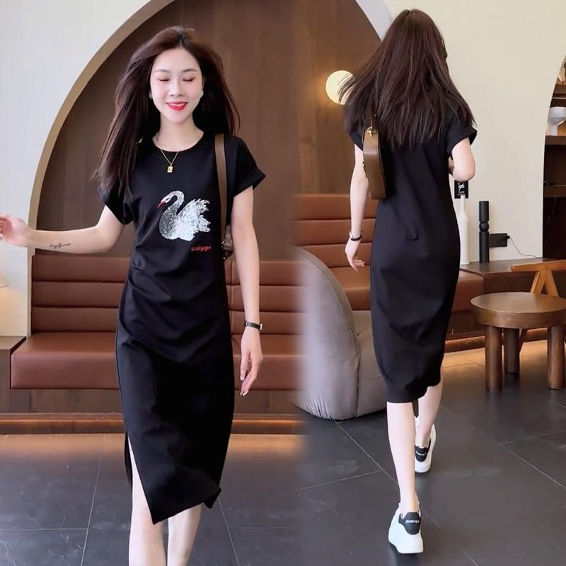 New round neck short sleeve mid-length slit dress with fashionable temperament simple age-reducing casual skirt