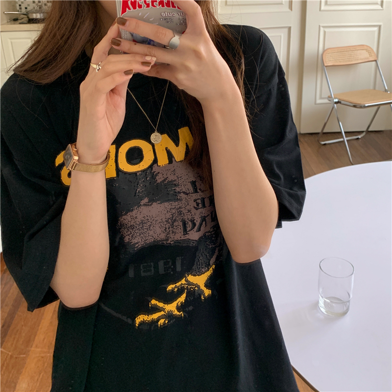 Real shot of 200g pure cotton 2025 spring and summer new cartoon print loose casual short-sleeved T-shirt