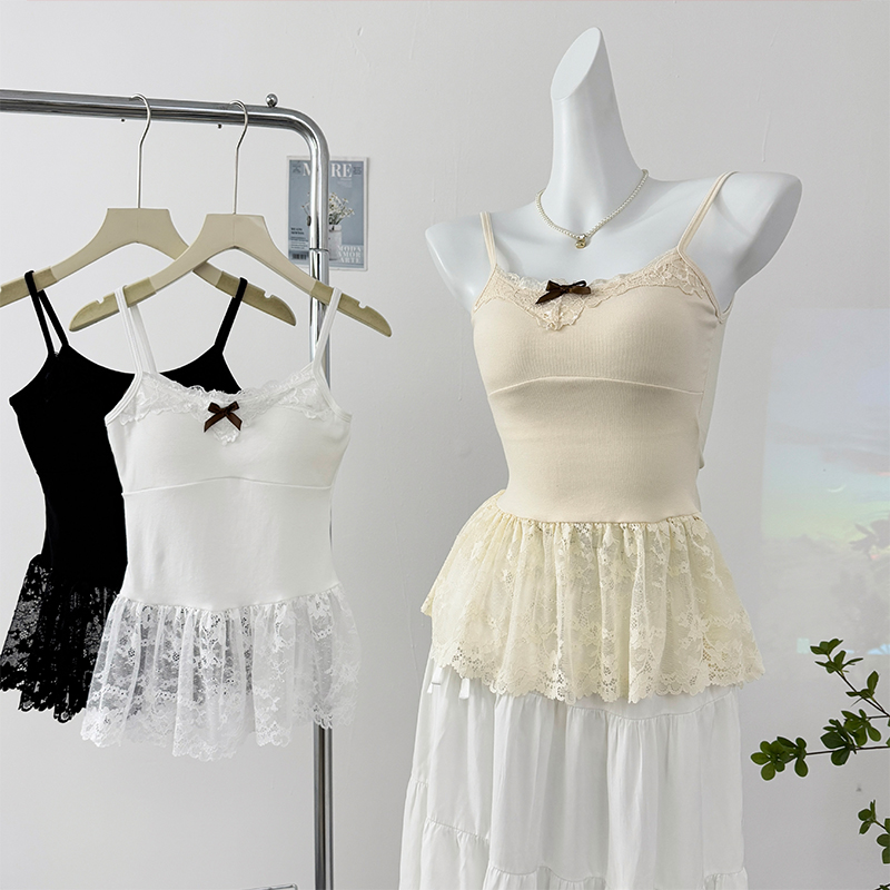 Hot girl pure lace spliced ​​suspender vest for women in spring 2025 new niche bow hollow skirt top