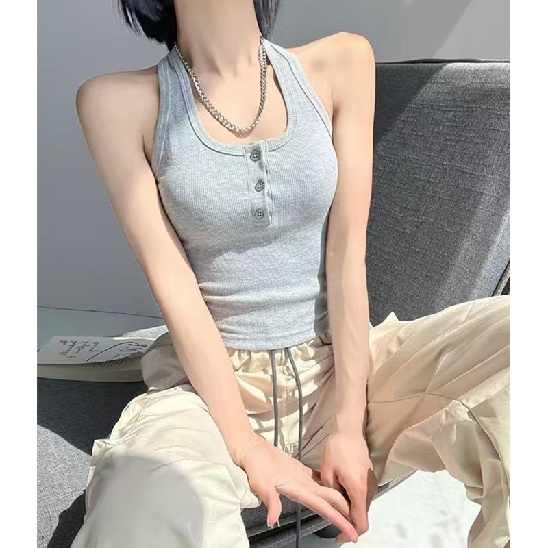 非實拍 美式修身短款內搭掛脖背心吊帶新款辣妹外穿白色上衣
