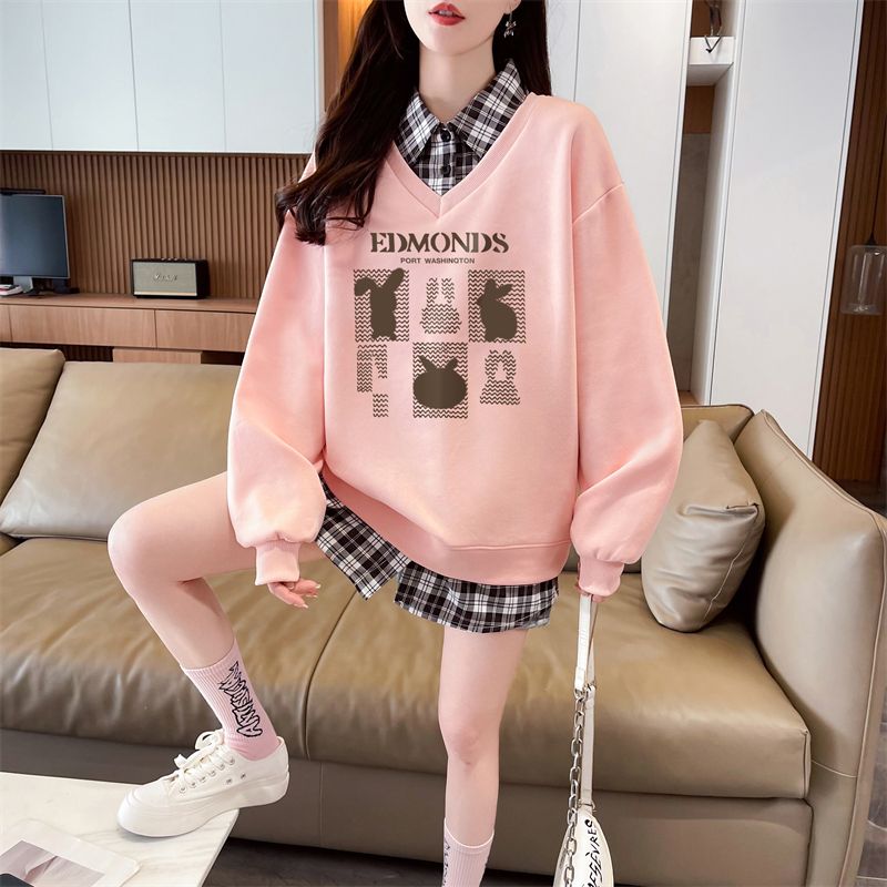 Real shot of plaid polo neck fake two-piece sweatshirt for women's new spring and autumn fashionable age-reducing loose design top