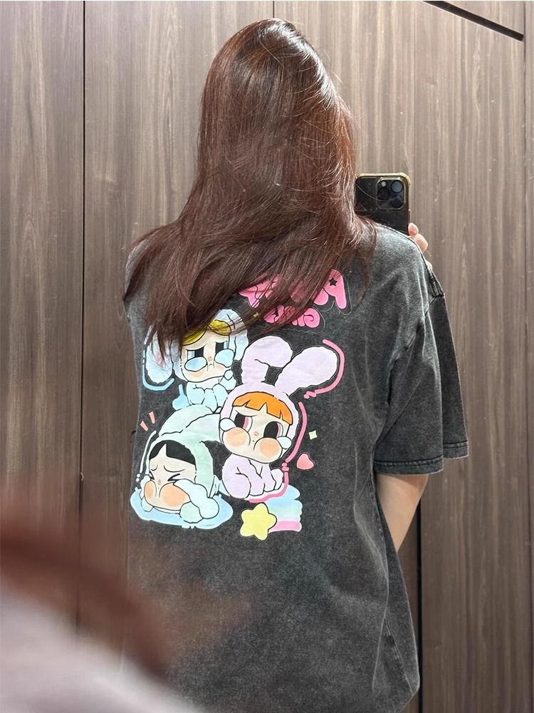 230g pure cotton collar spring and summer American retro loose large size top printed washing and old short-sleeved T-shirt