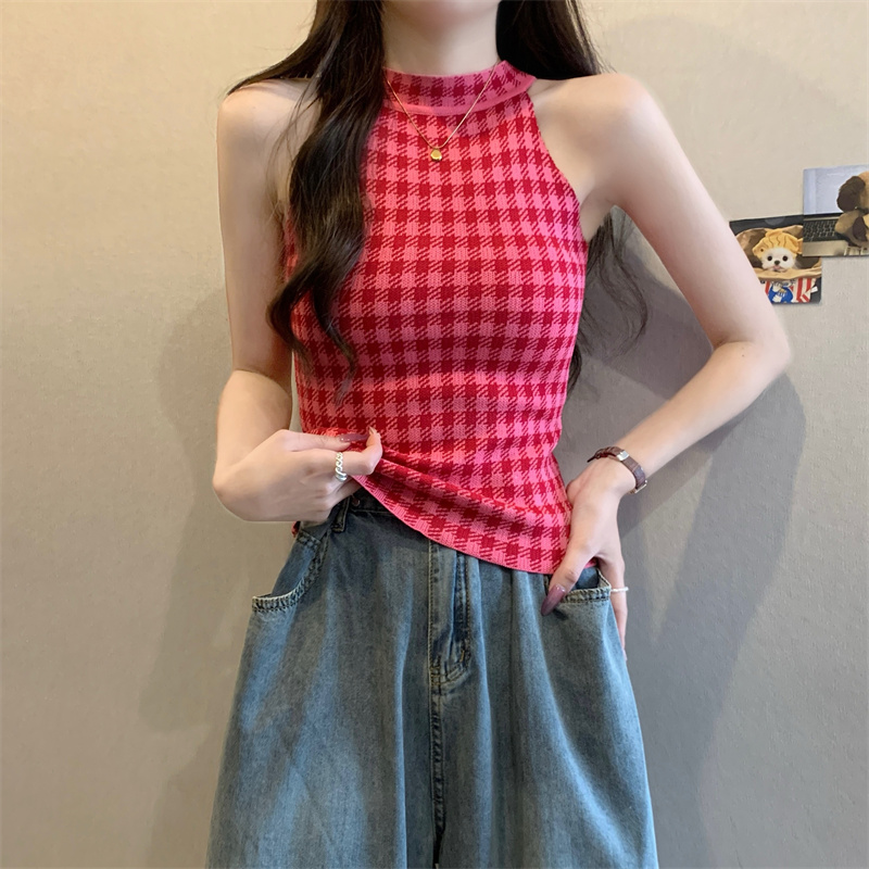 實拍設計感掛脖小吊帶外穿法式撞色格子針織背心辣妹無袖上衣
