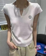 夏季韓版氣質V領條紋褶皺設計感針織衫短袖女上衣