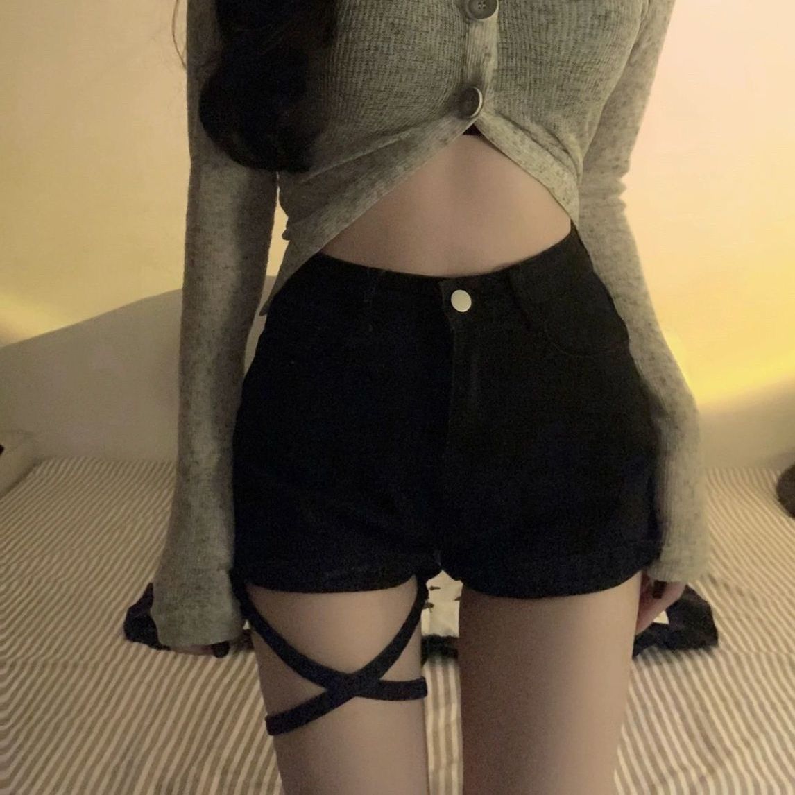 美式復古藍彈力牛仔短褲女 韓版高腰顯瘦直筒包臀緊身辣妹a字熱褲