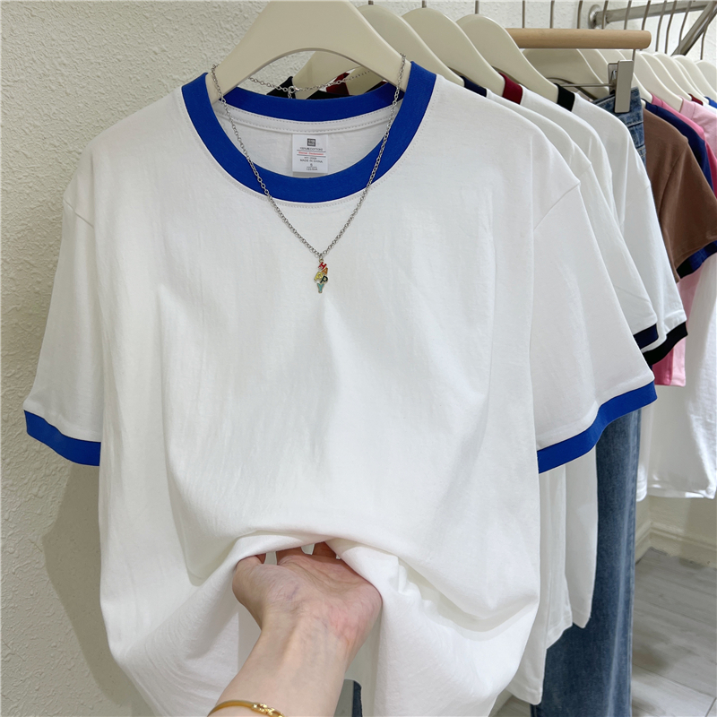 200g pure cotton, new summer contrasting color splicing loose casual and versatile short-sleeved T-shirt for women and couples