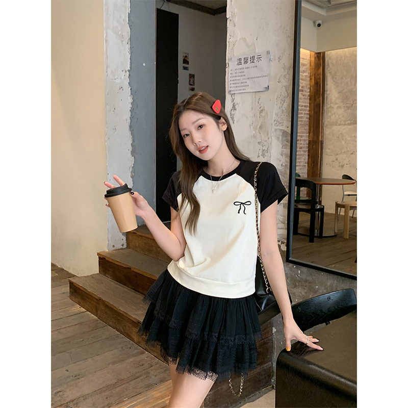 Real-life round neck short sleeve contrasting color design T-shirt bow embroidered rag-sleeved small flying sleeves slim top