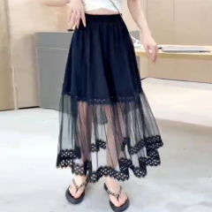 New spliced ​​mesh pleated skirt for women embroidered hollow lace lace high-end large swaying skirt