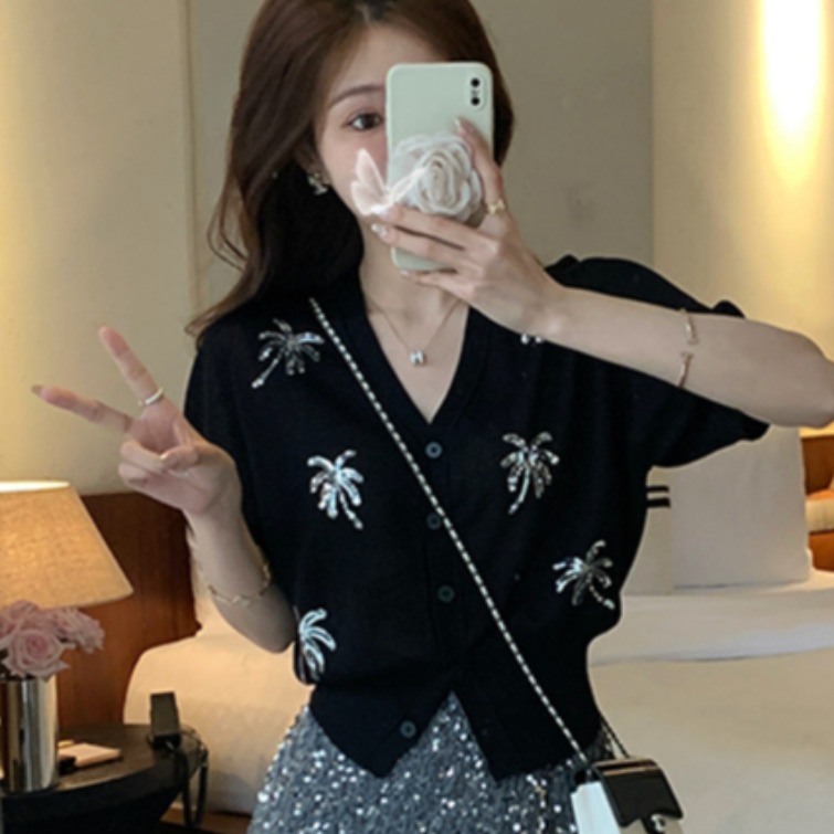 MUKOK Glittering ~ High-end embroidered sequin short-sleeved sweater V-neck versatile cardigan top