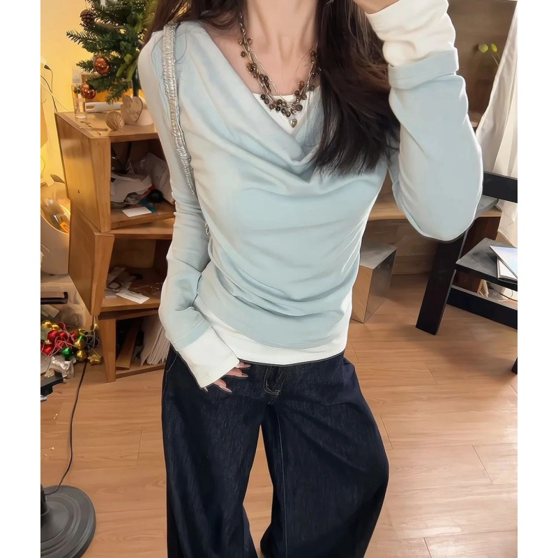 Super good-looking French style swinging neck fake two-piece long-sleeved T-shirt for women in spring 2025 new small shirt top waist-retracting base shirt