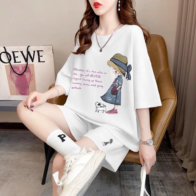 Real photos and smooth cotton casual sportswear suits for summer new style student shorts T-shirts large size two-piece set women's fashion