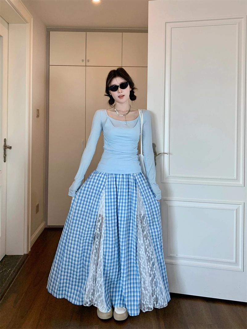 Chic and Unique Small-Batch Grid Lace Patchwork Semi-Body Skirt 2025 Spring New Loose and Slimming A-Line Dress