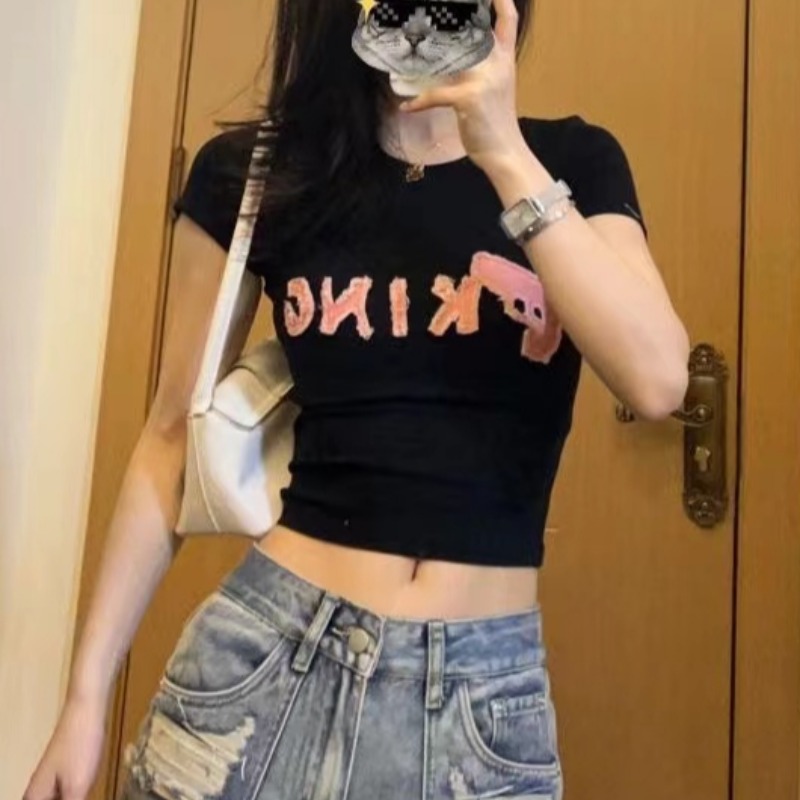 美式潮牌短款牛仔貼布印花短袖T恤女夏季新款辣妹修身氣質上衣ins