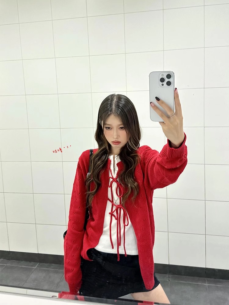 scope lazily red cardigan sweater women round neck underwear sweater autumn and winter loose knit cardigan women space