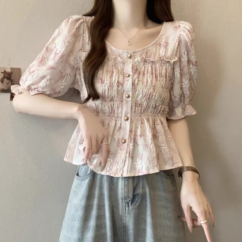 Original French style small floral short-sleeved shirt for women in summer fat mm belly-covering waist-retracting puff sleeve top