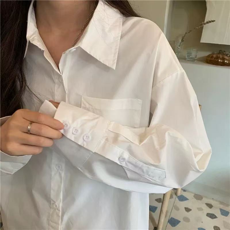 實拍 純色襯衫春季新款時尚外穿寬鬆開衫襯衣長袖上衣女ins潮