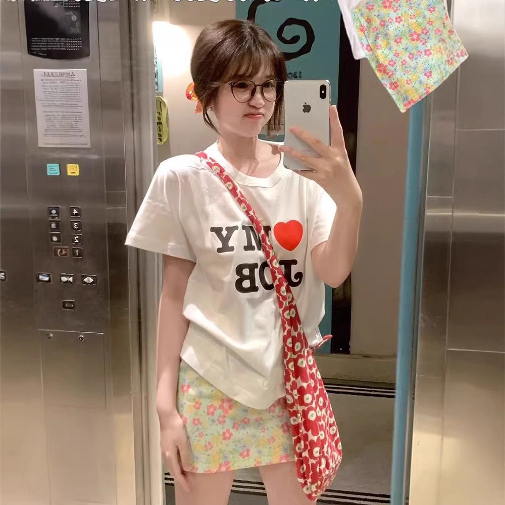 韓國chic純棉後包領2025夏季新款韓版美式印花寬鬆版短袖T恤女潮
