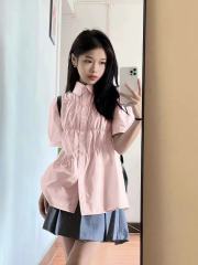 Korean mambo style pleated short-sleeved shirt for women in summer sweet French unique design high-end top