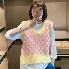 Korean minimalist loose colorful cute versatile color-block checkered V-neck sweater vest top