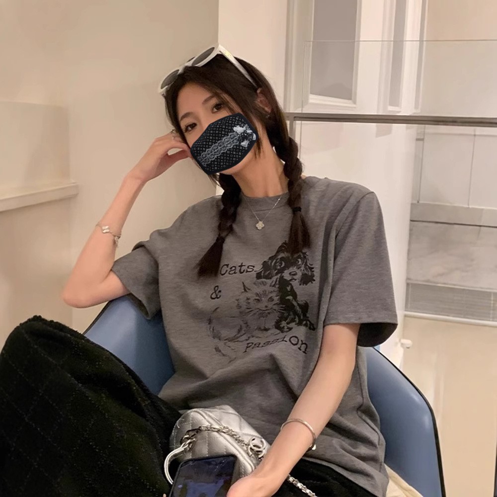 韓國chic純棉後包領2025夏季新款韓版美式印花寬鬆版短袖T恤女潮