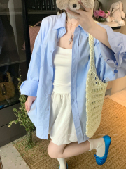 實拍 藍色寬鬆防曬襯衫設計感慵懶百搭上衣