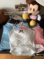 Real-life autumn style sweet hot girl blue lace sling small vest polka dot inner bottom with chest pad top