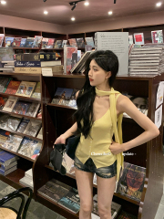 Two-color streamer neck sweater vest for women in summer waistband slimming single-breasted versatile sleeveless top